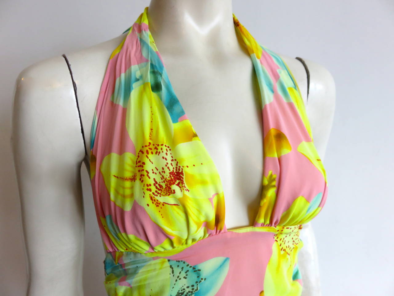 Brown VERSACE Tropical orchid printed silk halter top For Sale