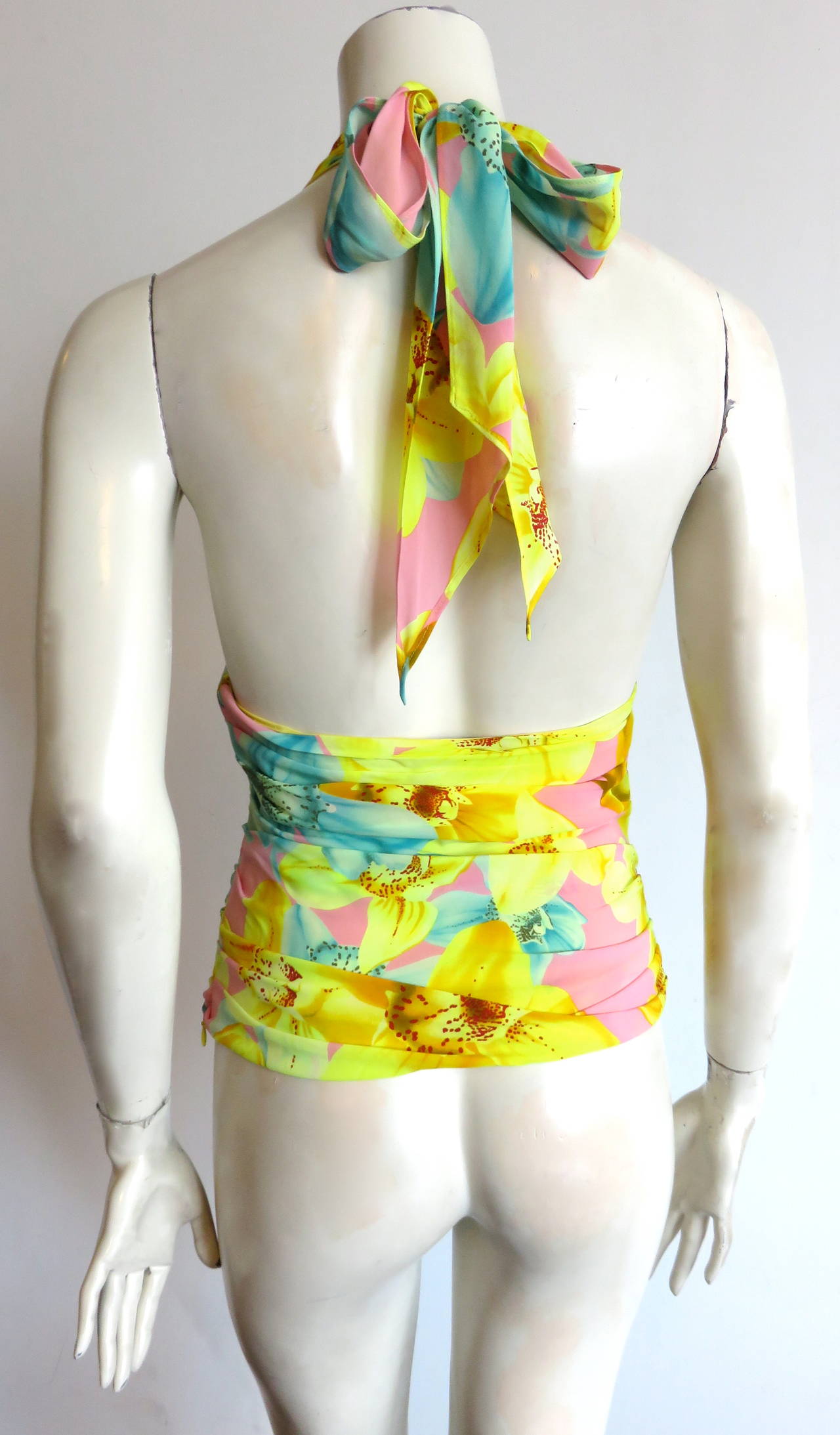 Women's VERSACE Tropical orchid printed silk halter top For Sale