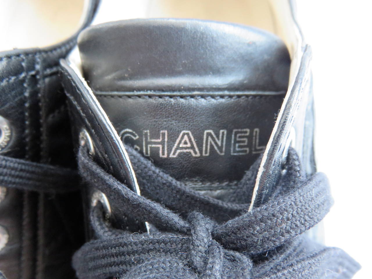 CHANEL PARIS Black quilted logo tennis shoes sneakers 2