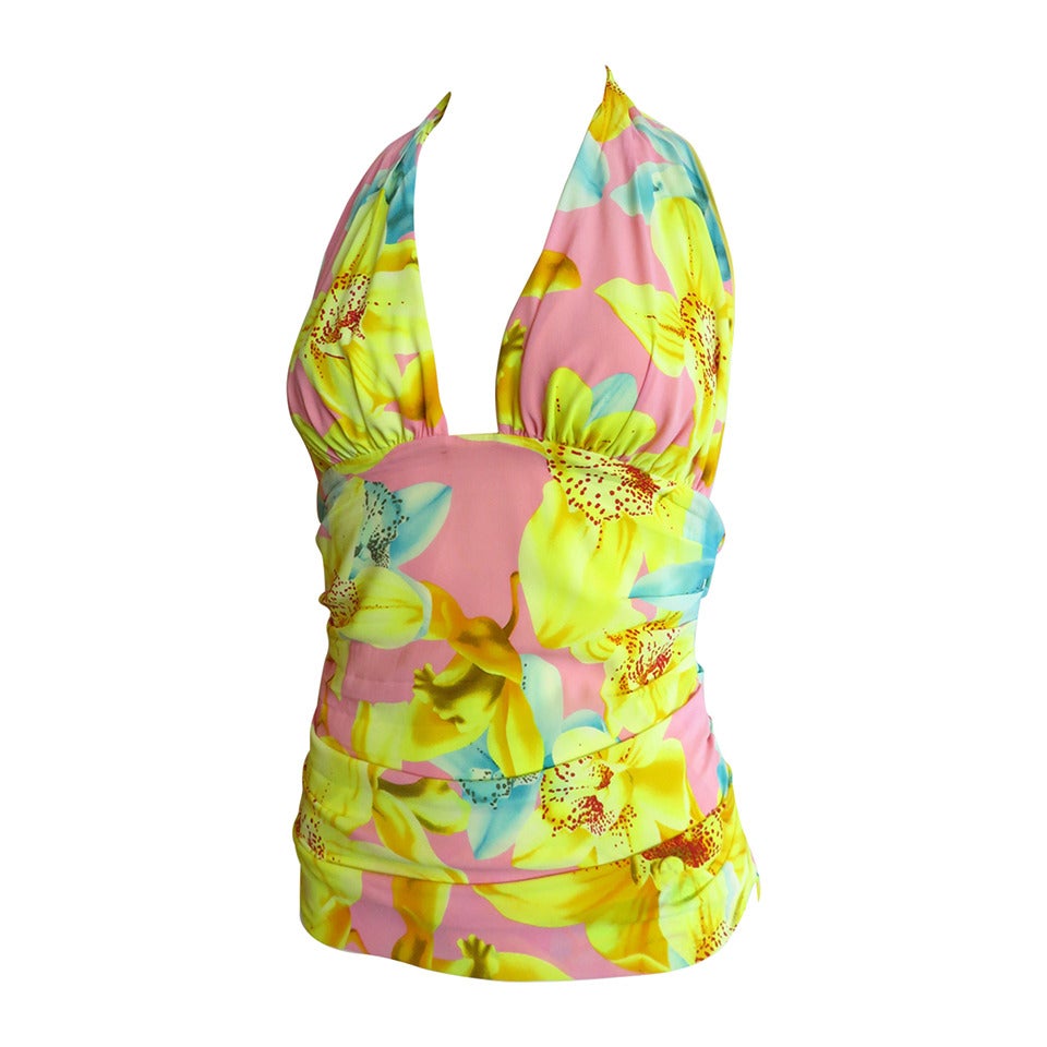VERSACE Tropical orchid printed silk halter top For Sale