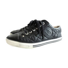 CHANEL PARIS Black quilted logo tennis shoes sneakers