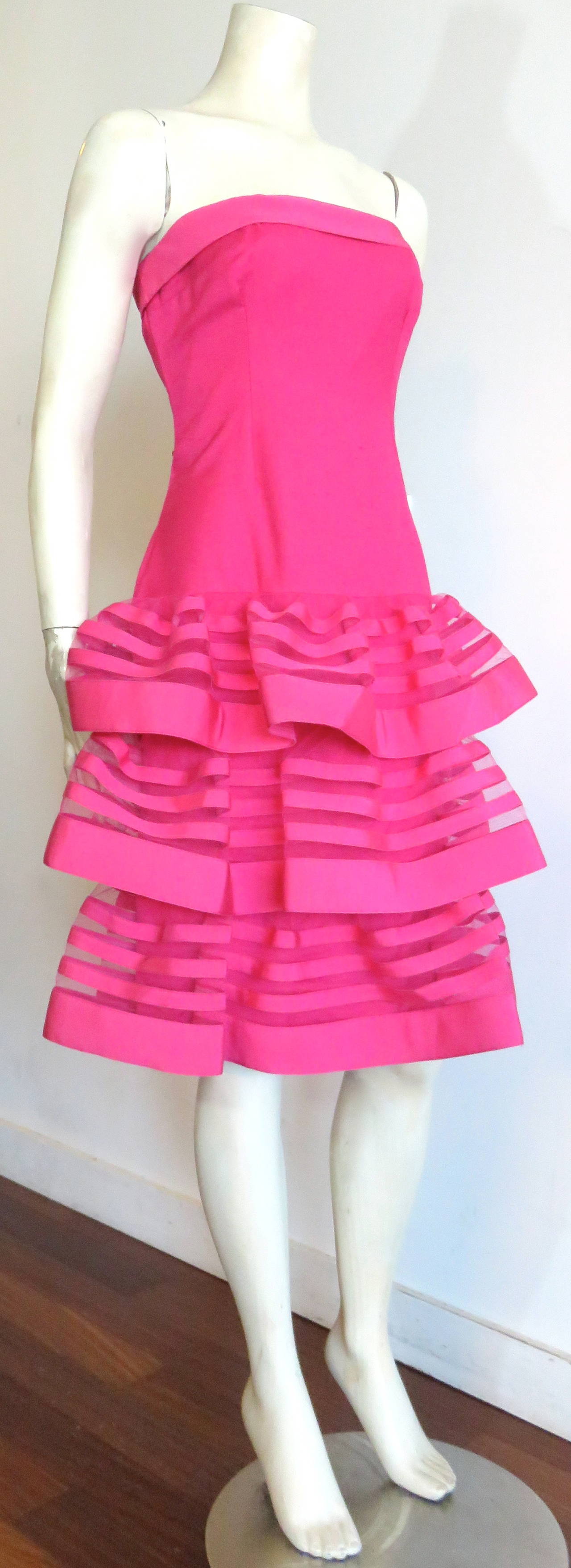 Pink 1970's NINA RICCI PARIS Hot pink tiered party dress For Sale