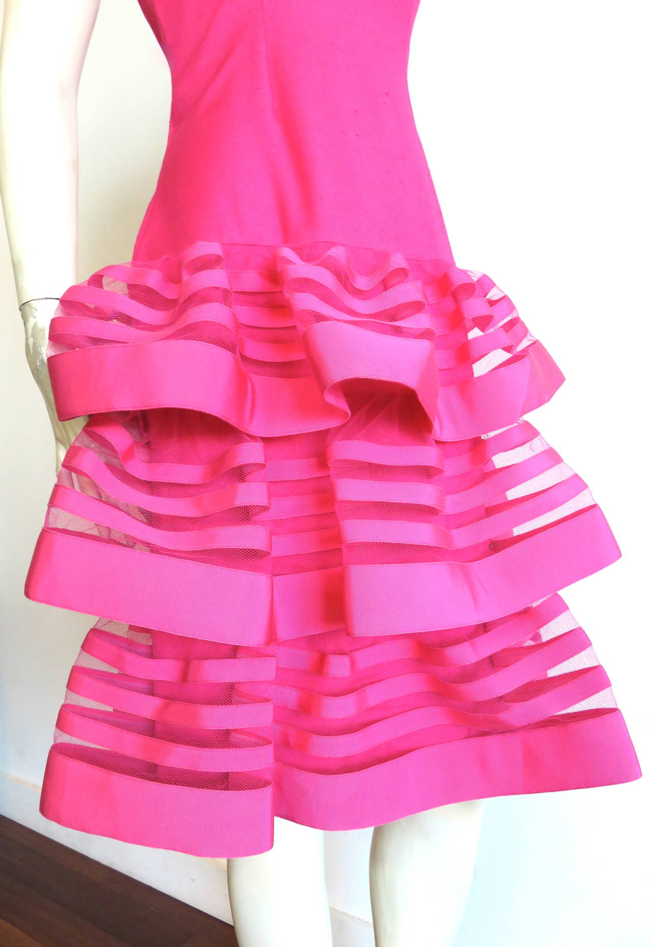 1970's NINA RICCI PARIS Hot pink tiered party dress For Sale 1