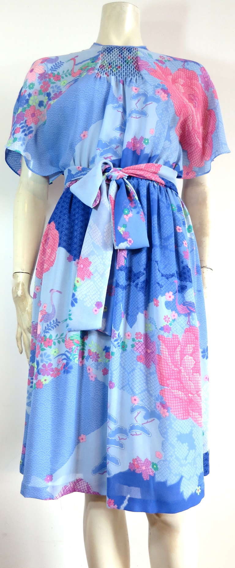 Blue Vintage HANAE MORI Japanese floral crepe dress For Sale