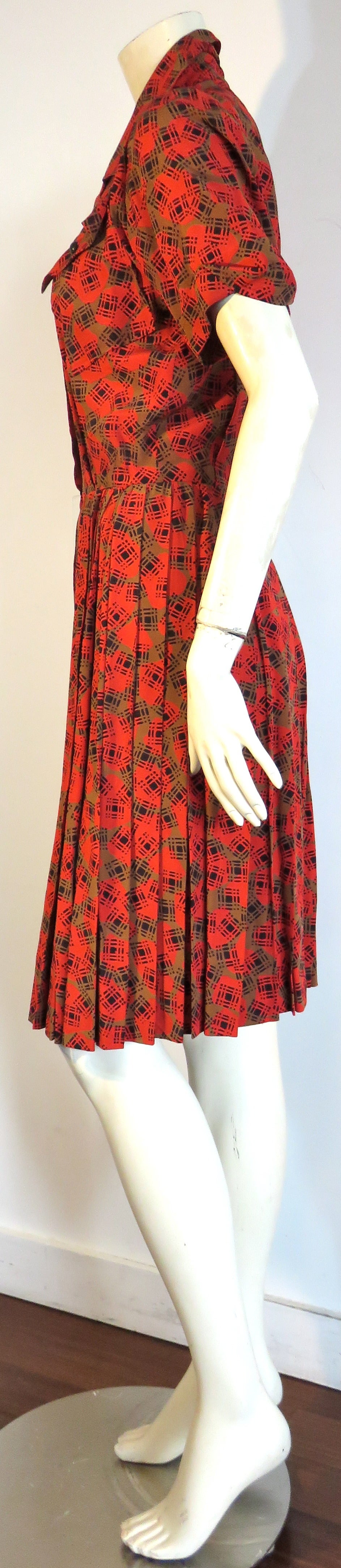 Red 1970's YVES SAINT LAURENT Silk button down day dress YSL For Sale