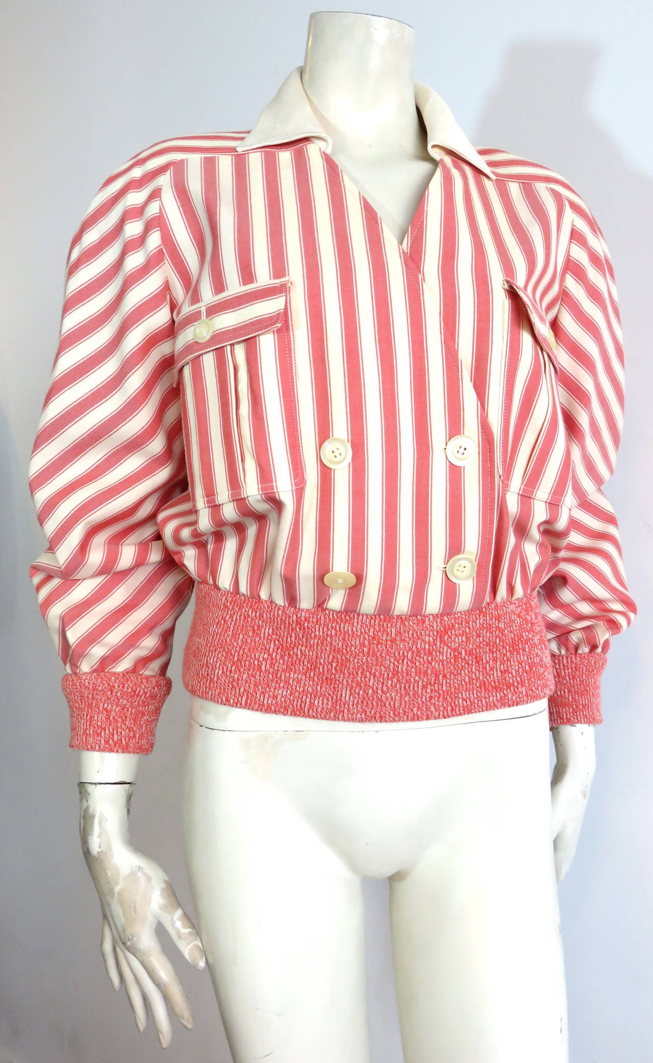 Excellent condition, 1980's VALENTINO striped blouson, pop-over jacket.

Really great silhouette which goes on like a sweater, but looks like a blouson jacket.

Double-front button openings, with non-opening front placket.  Oversized, twin chest