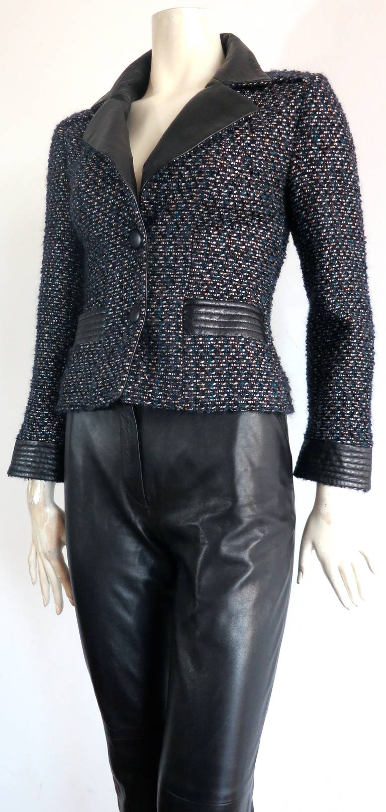 CHANEL PARIS Lambskin leather & tweed 2pc. pant suit In Excellent Condition In Newport Beach, CA