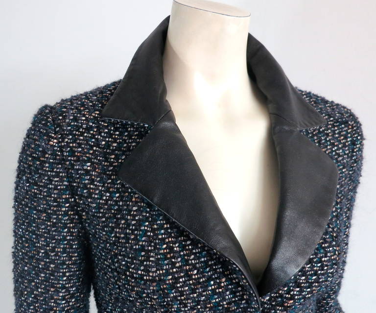 Black CHANEL PARIS Lambskin leather & tweed 2pc. pant suit