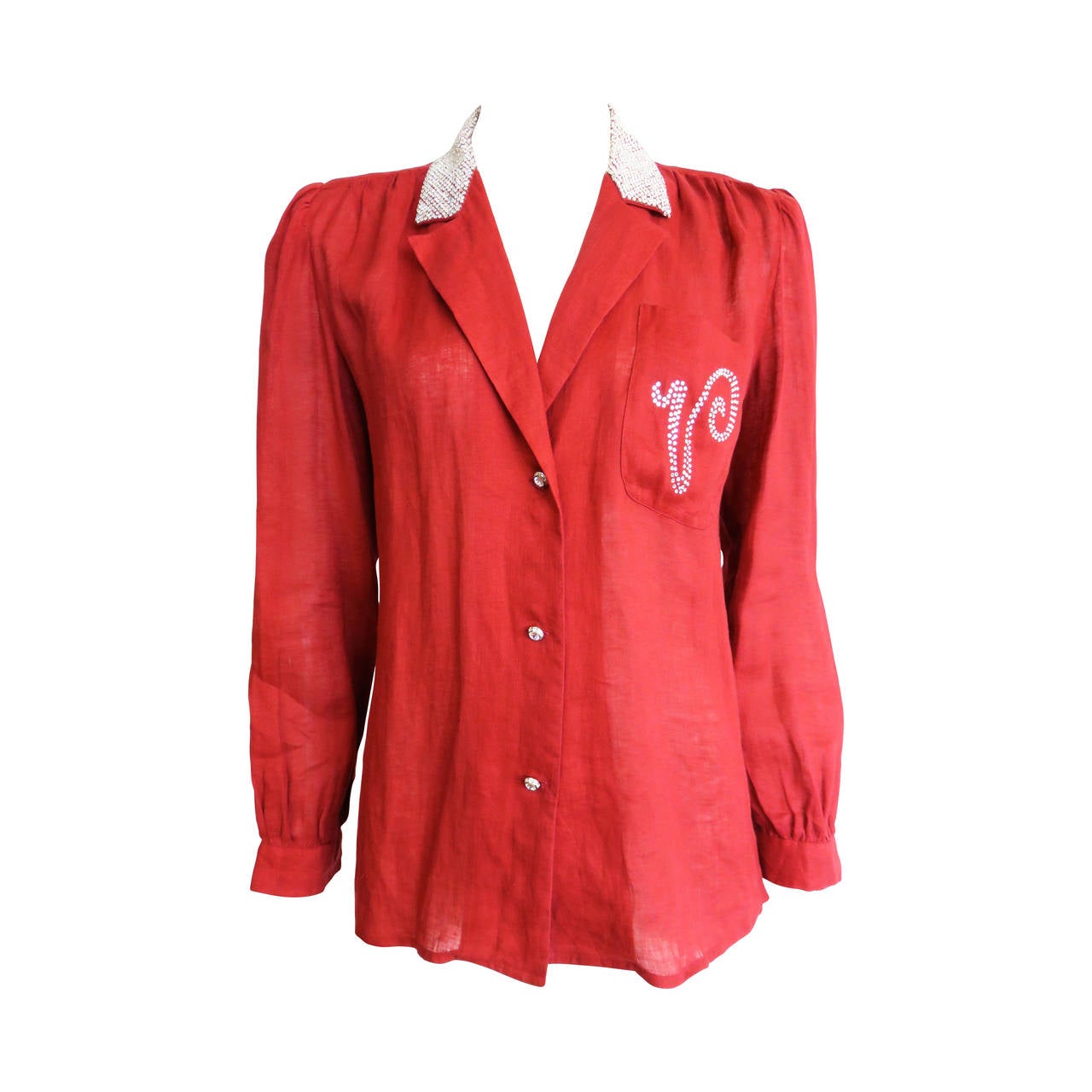 1980's VALENTINO Crystal 'V' monogram red linen shirt For Sale