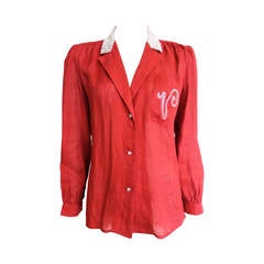 1980's VALENTINO Crystal 'V' monogram red linen shirt