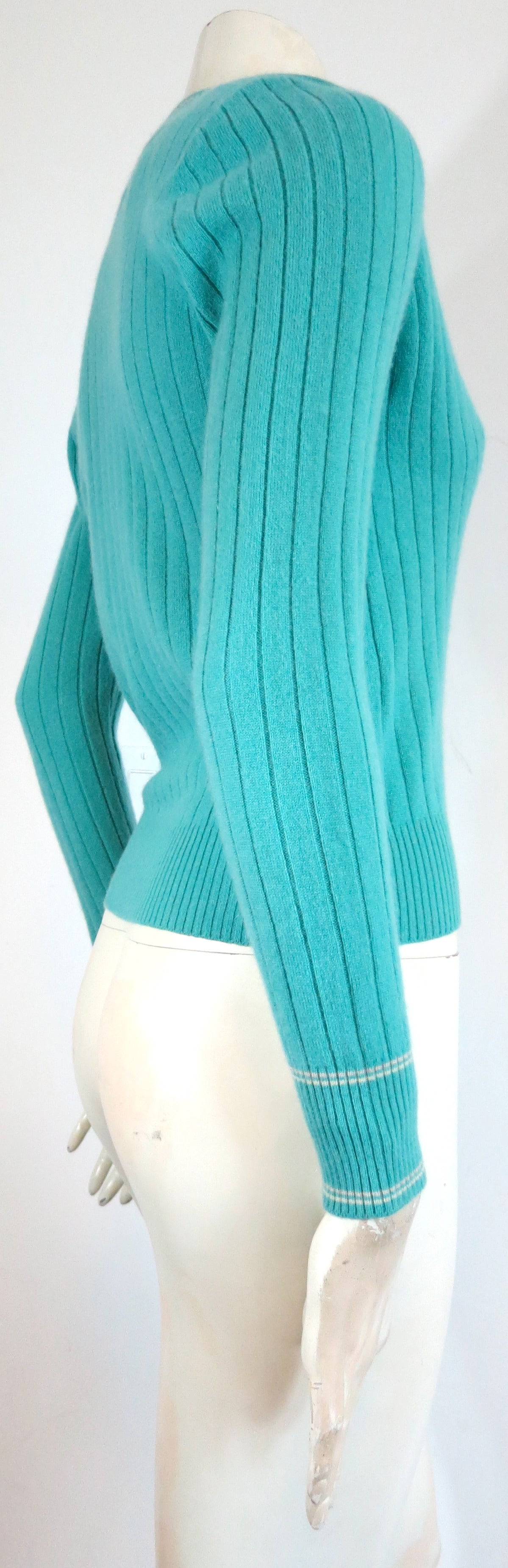 Blue CHANEL PARIS Pure cashmere ribbed tennis sweater For Sale