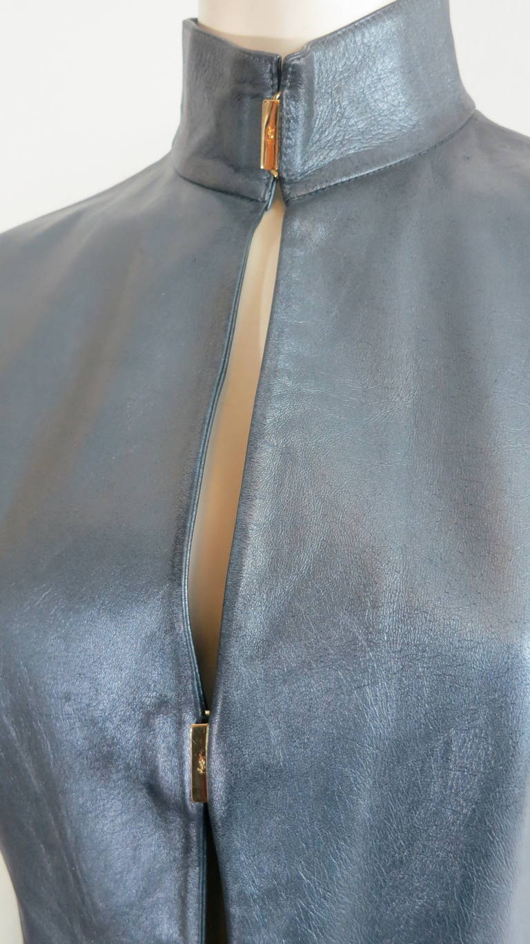 1990s YVES SAINT LAURENT Gunmetal leather dress For Sale 1