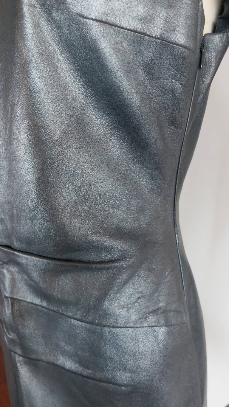 1990s YVES SAINT LAURENT Gunmetal leather dress For Sale 5