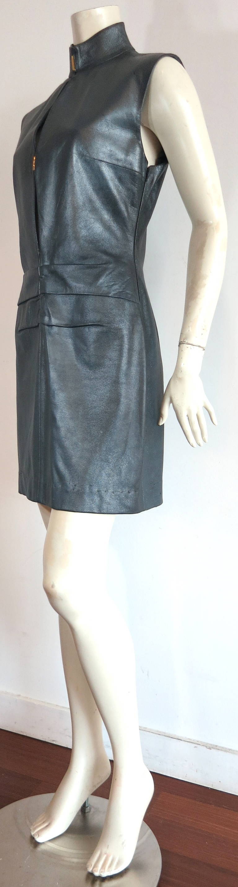 1990s YVES SAINT LAURENT Gunmetal leather dress In Fair Condition For Sale In Newport Beach, CA