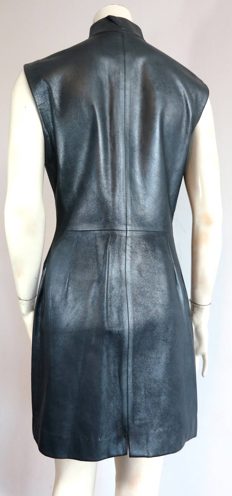 1990s YVES SAINT LAURENT Gunmetal leather dress For Sale 2