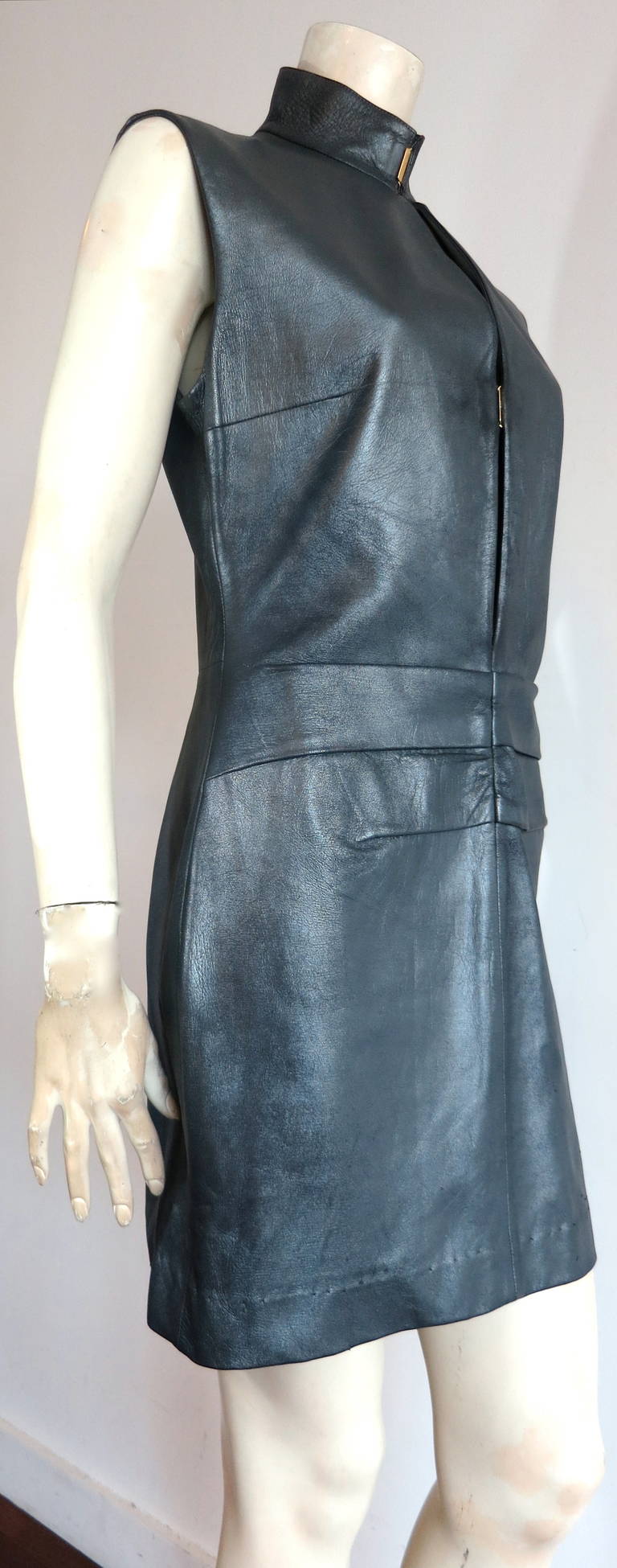 Women's 1990s YVES SAINT LAURENT Gunmetal leather dress For Sale