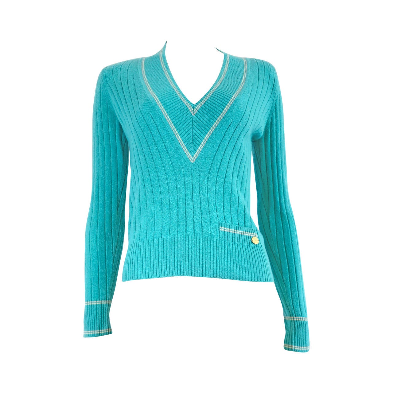 CHANEL PARIS Pure cashmere ribbed tennis sweater For Sale