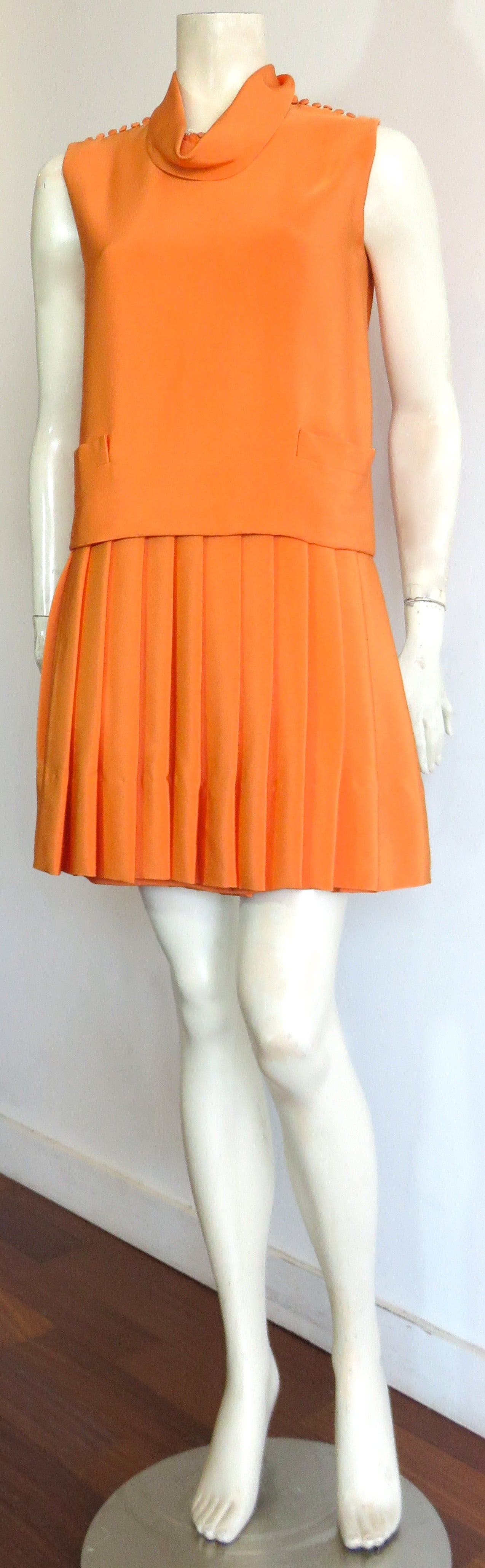 Orange 1960's NORMAN NORELL 2pc. Silk knife-pleat dress set For Sale