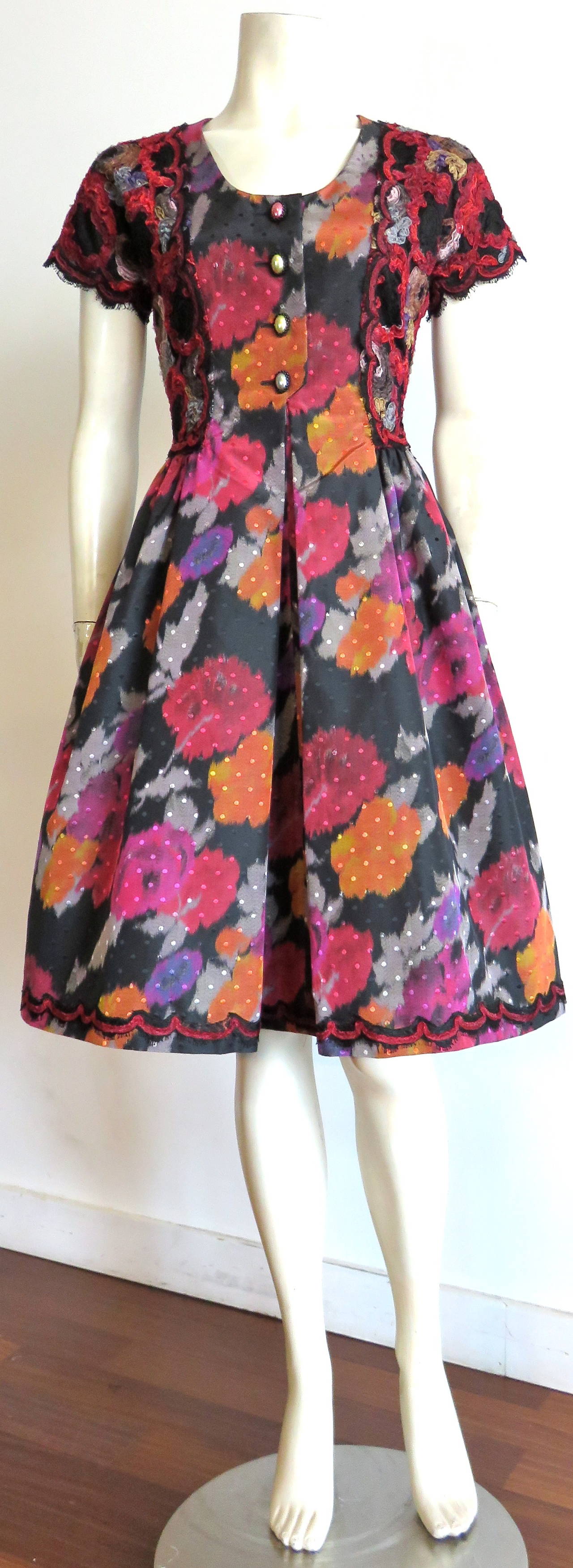 1980's GEOFFREY BEENE Floral dot taffeta dress with lace appliqués