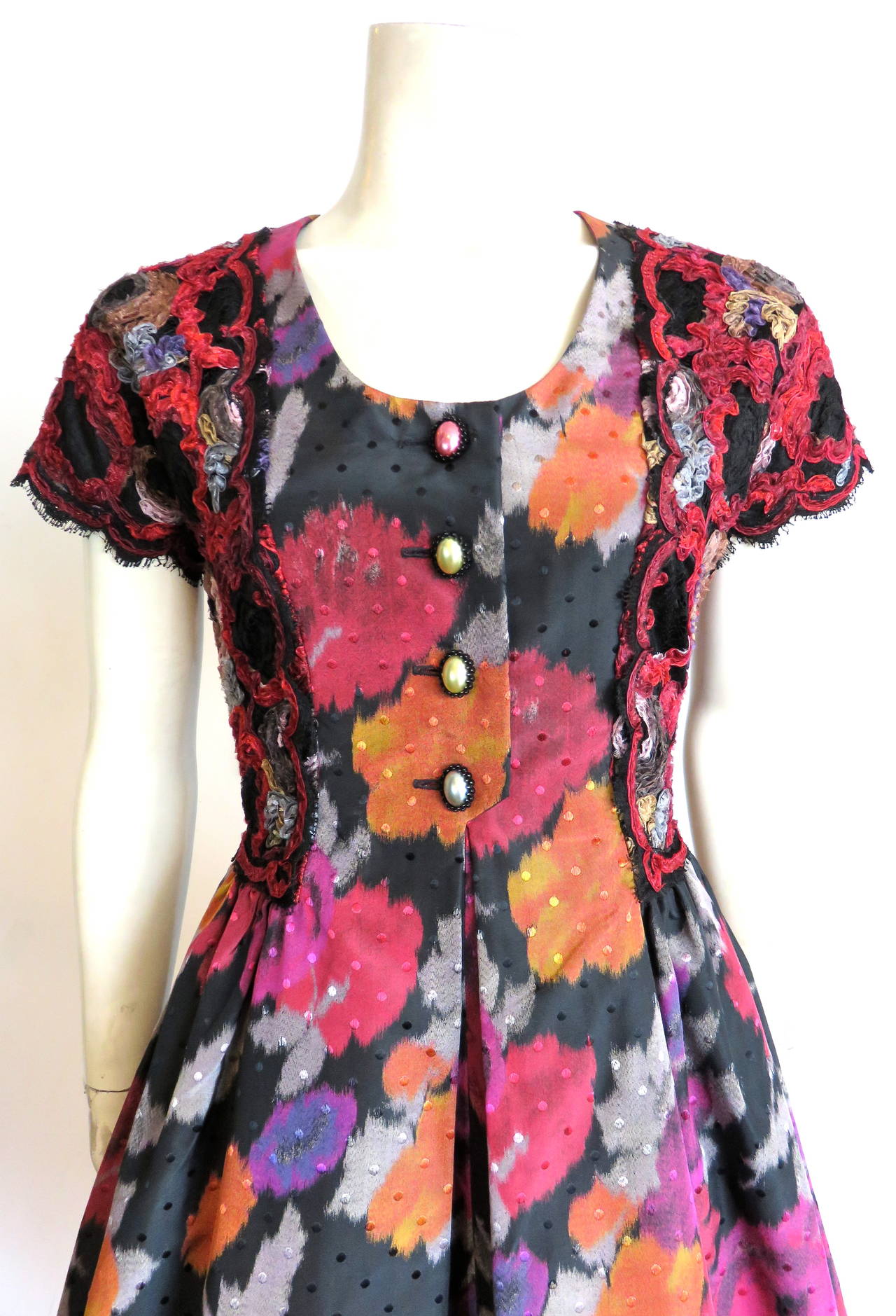 1980's GEOFFREY BEENE Floral dot taffeta dress with lace appliqués For ...