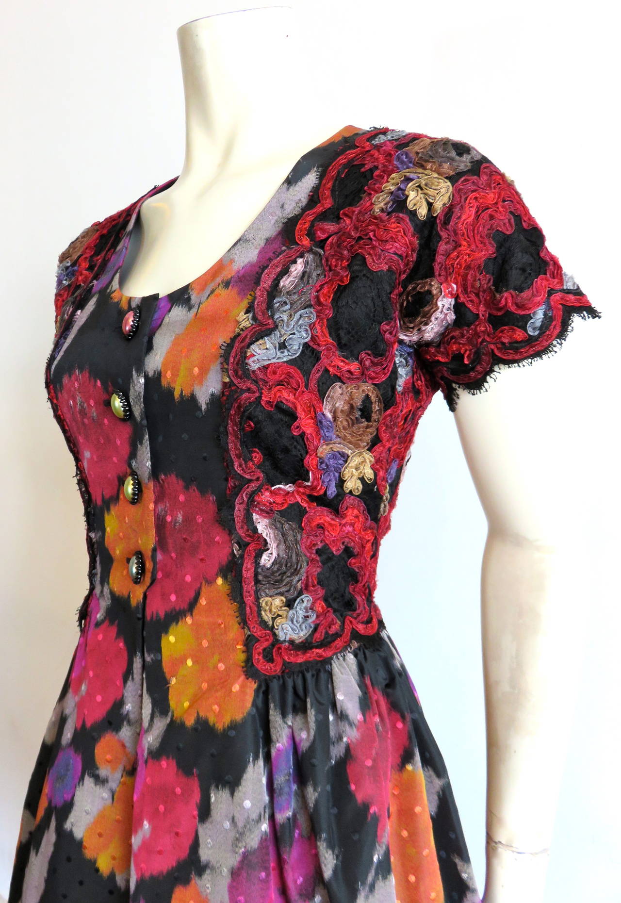 1980's GEOFFREY BEENE Floral dot taffeta dress with lace appliqués For ...
