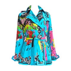 Recent VERSACE Music Print pure silk belted jacket