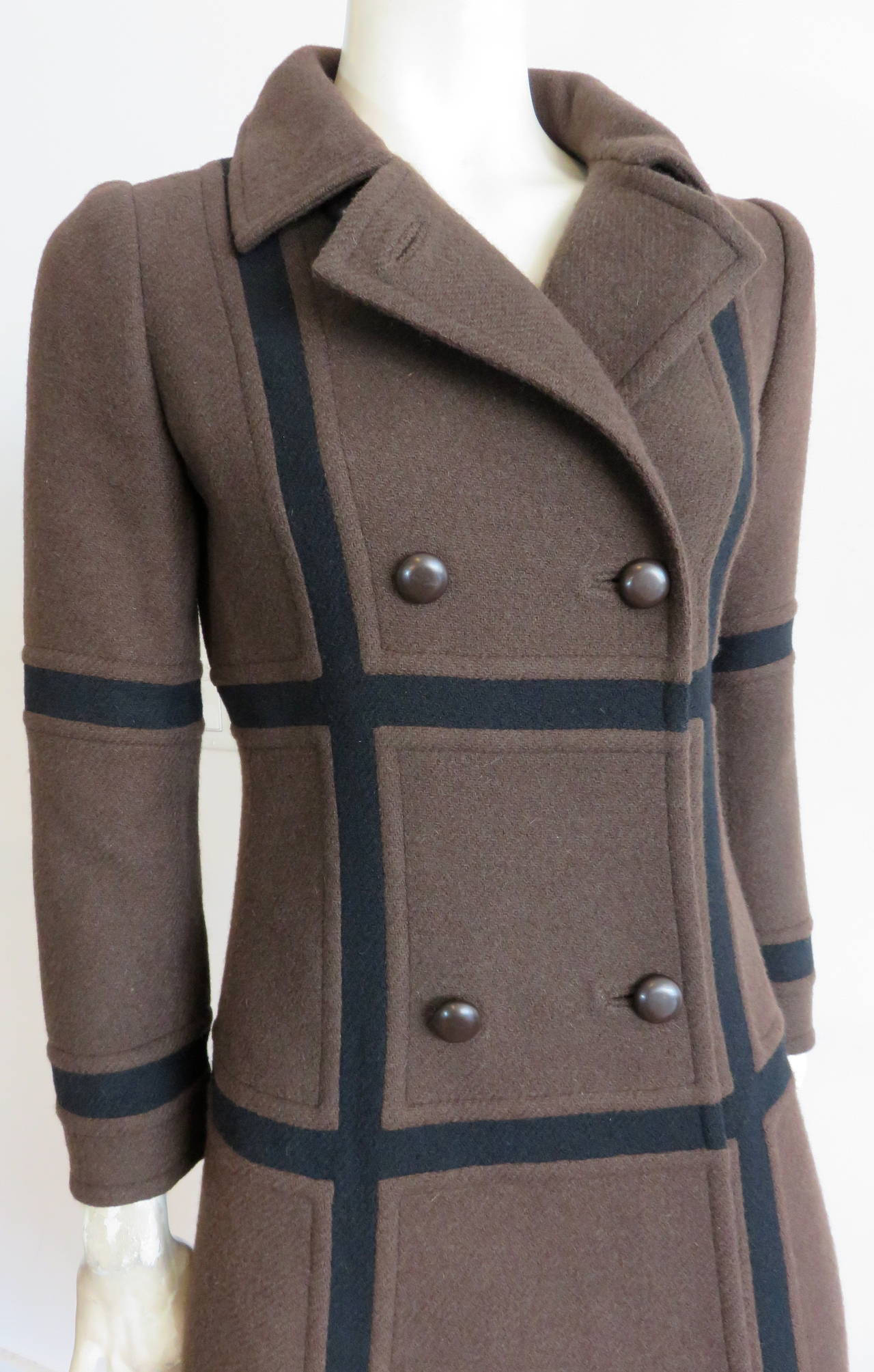 Brown 1970's GIVENCHY Haute Couture Wool paneled coat For Sale