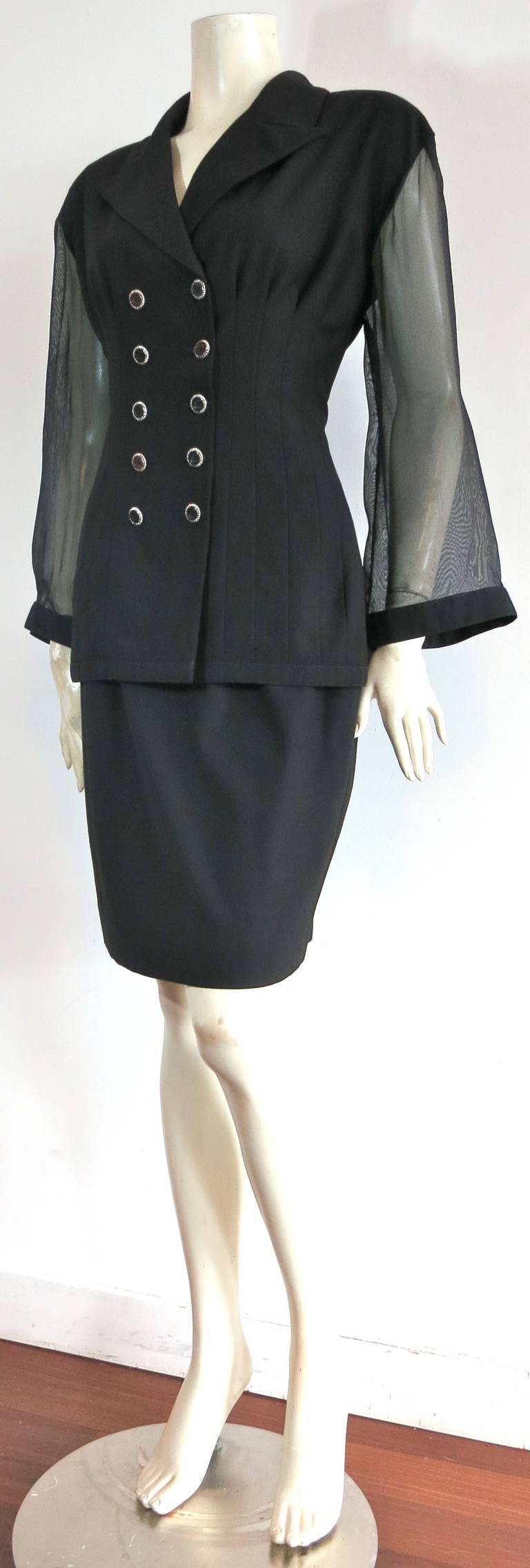 1980's KARL LAGERFELD Black skirt suit with sheer sleeves For Sale 1