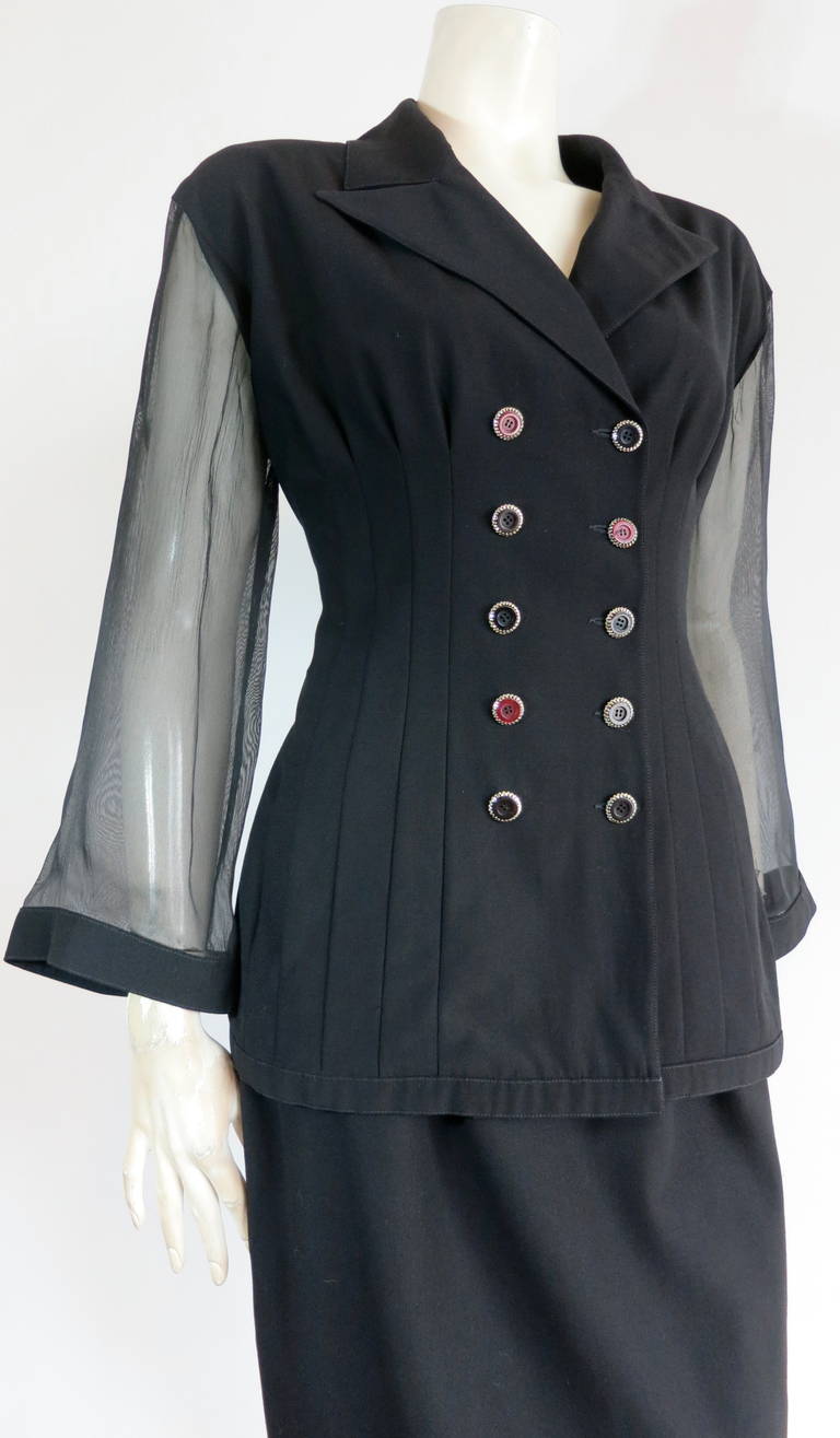 1980's KARL LAGERFELD Black skirt suit with sheer sleeves In Excellent Condition For Sale In Newport Beach, CA