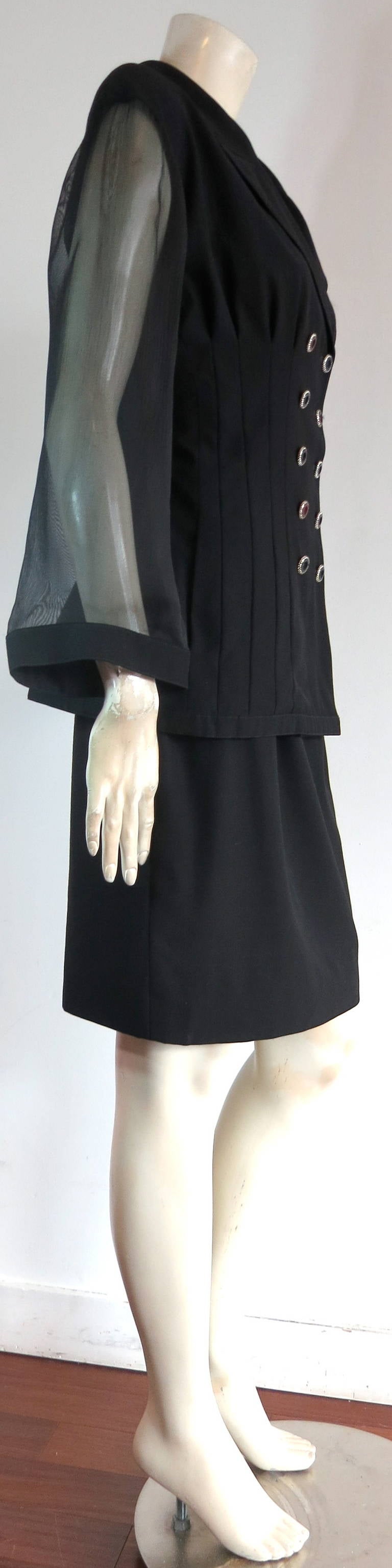 Women's 1980's KARL LAGERFELD Black skirt suit with sheer sleeves For Sale
