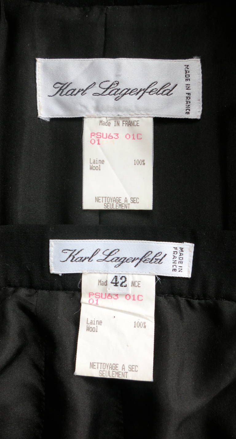 1980's KARL LAGERFELD Black skirt suit with sheer sleeves For Sale 4