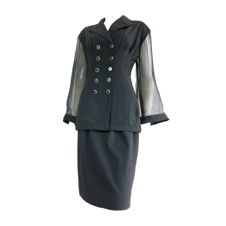 1980's KARL LAGERFELD Black skirt suit with sheer sleeves For Sale