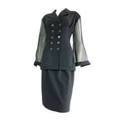 Vintage 1980's KARL LAGERFELD Black skirt suit with sheer sleeves