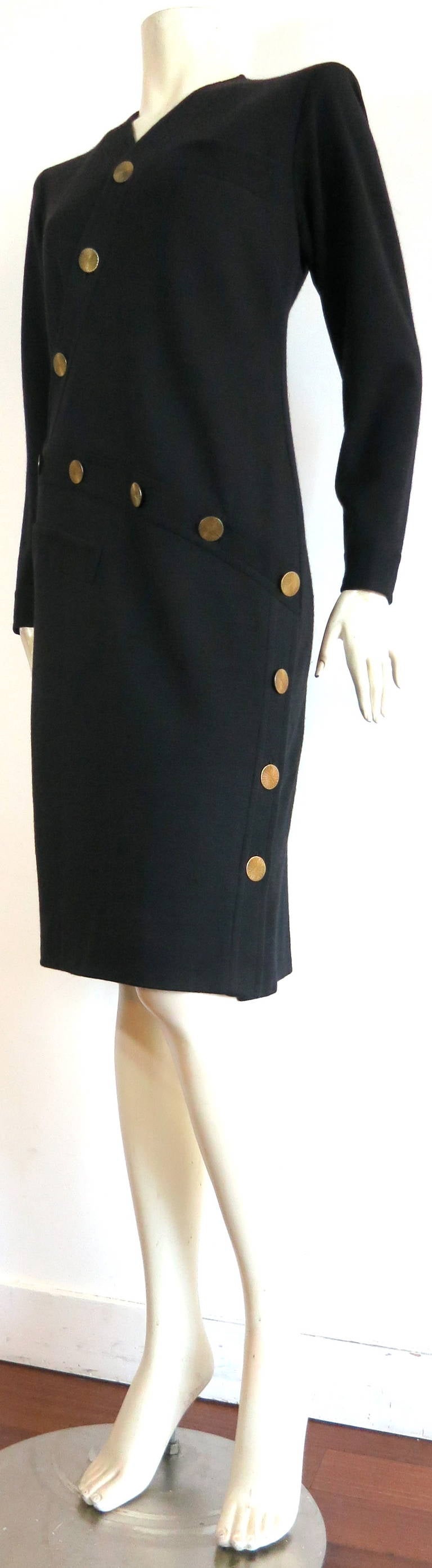 Black Vintage YVES SAINT LAURENT COUTURE Asymmetrical disk button dress For Sale