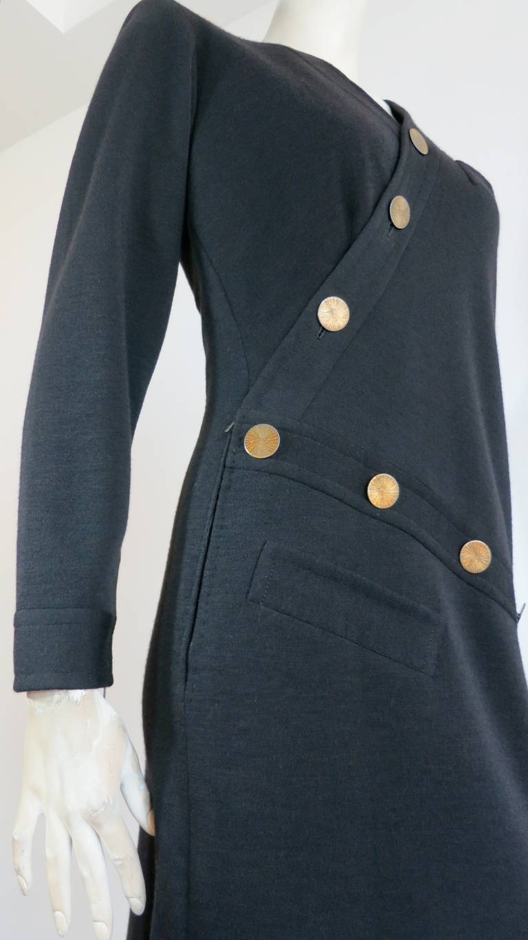 Vintage YVES SAINT LAURENT COUTURE Asymmetrical disk button dress For Sale 2