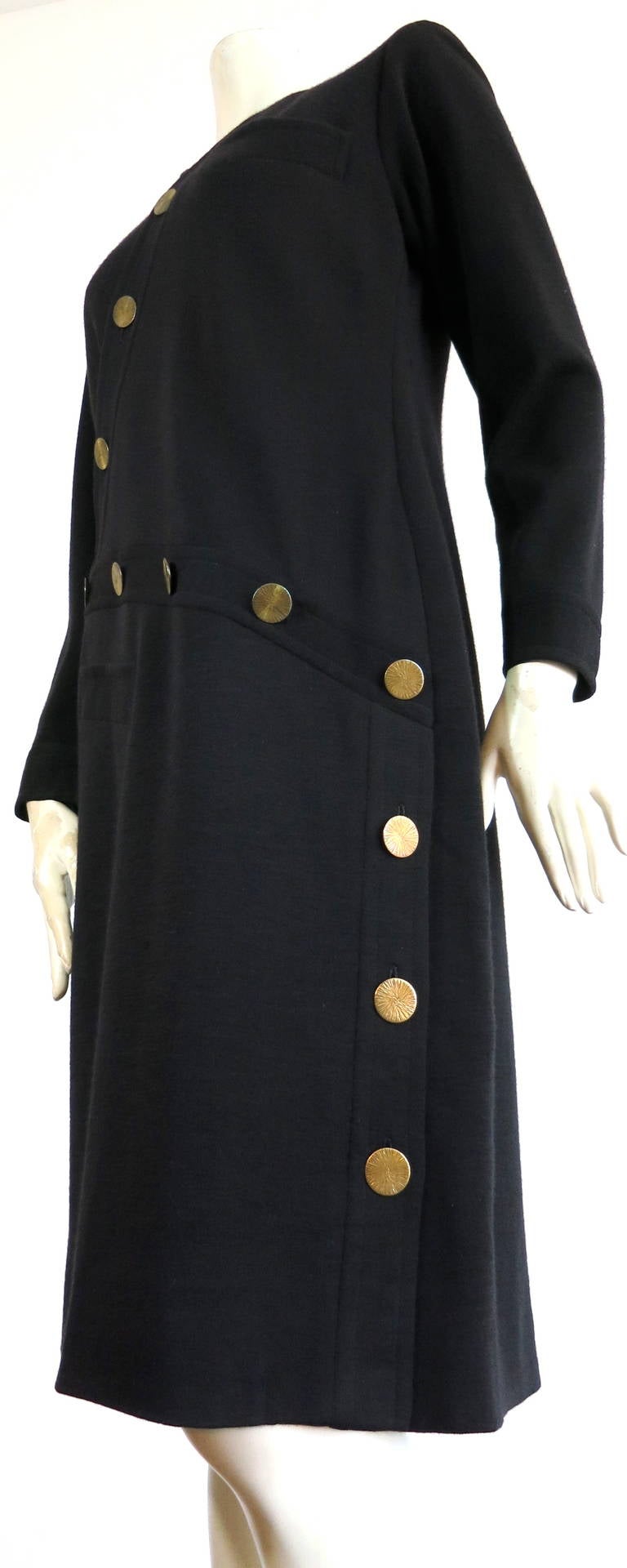 Vintage YVES SAINT LAURENT COUTURE Asymmetrical disk button dress In Good Condition For Sale In Newport Beach, CA