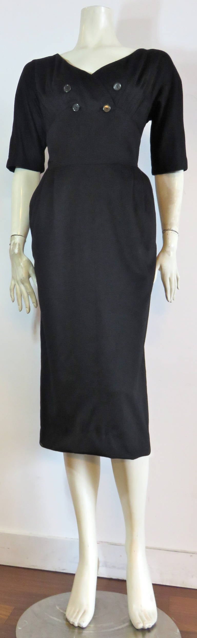 Women's 1950's HATTIE CARNEGIE Black wool cashmere dress For Sale