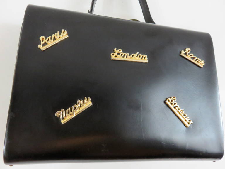 Women's 1950's 'Destination' black leather box travel purse