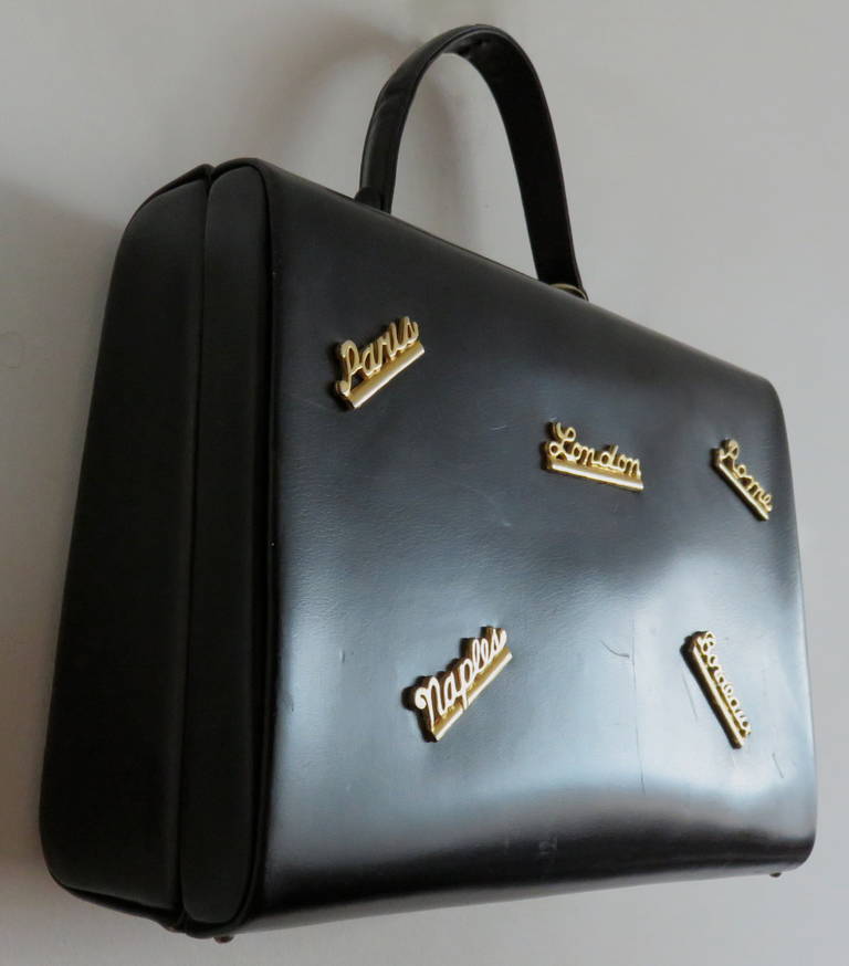 1950's 'Destination' black leather box travel purse 1
