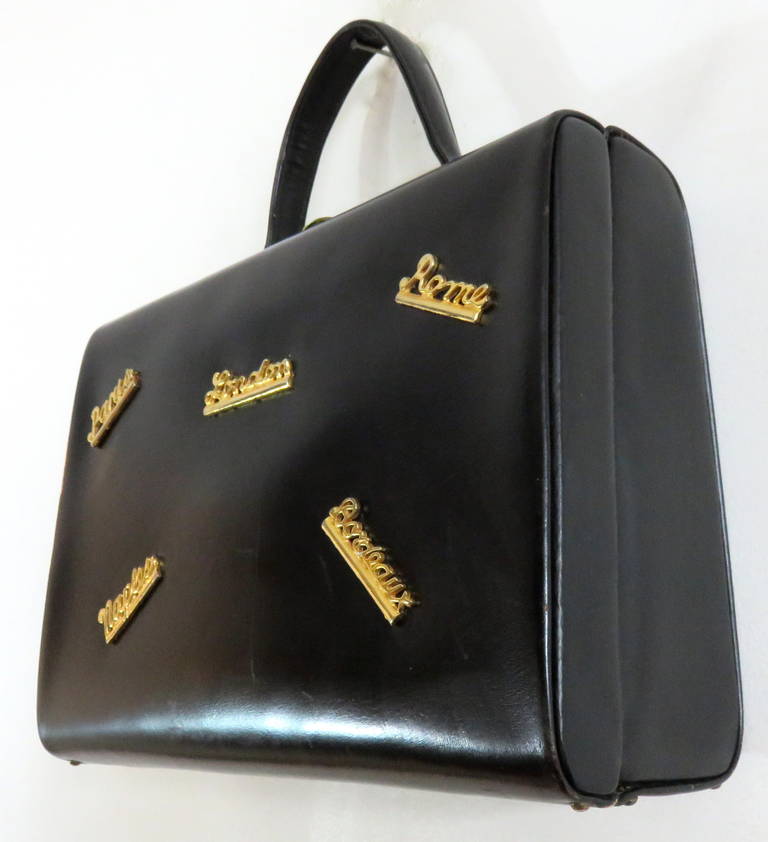 1950's 'Destination' black leather box travel purse In Good Condition In Newport Beach, CA
