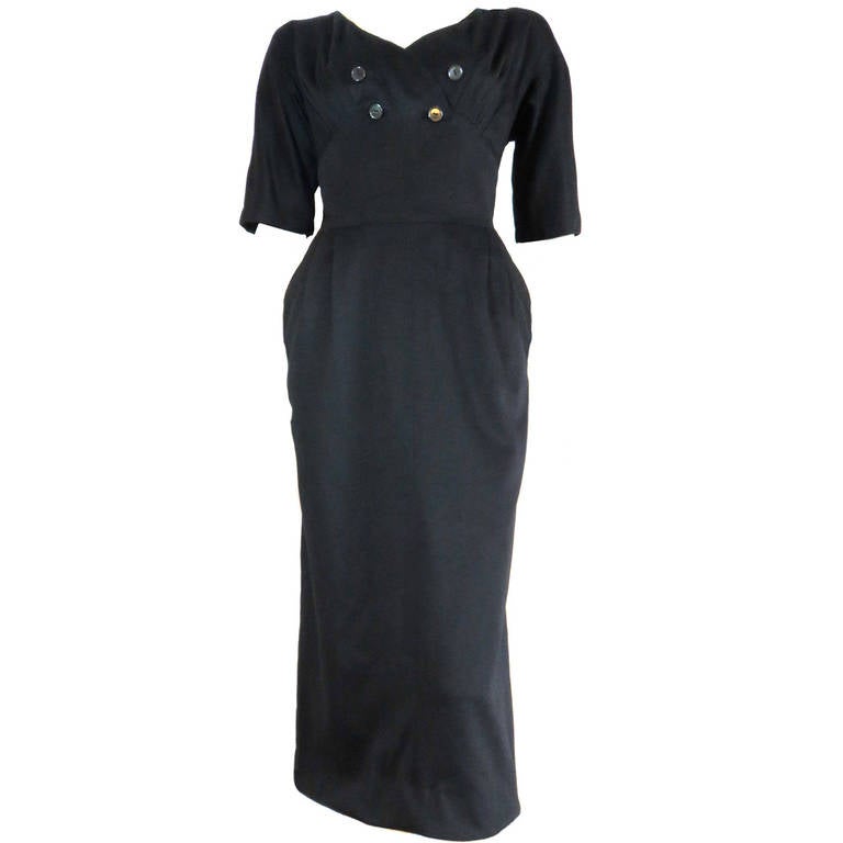 1950's HATTIE CARNEGIE Black wool cashmere dress For Sale