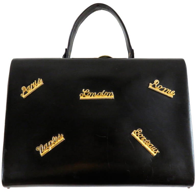 1950's 'Destination' black leather box travel purse
