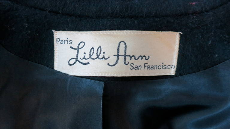1950's LILLI ANN Black wool coat with fox fur trim 4