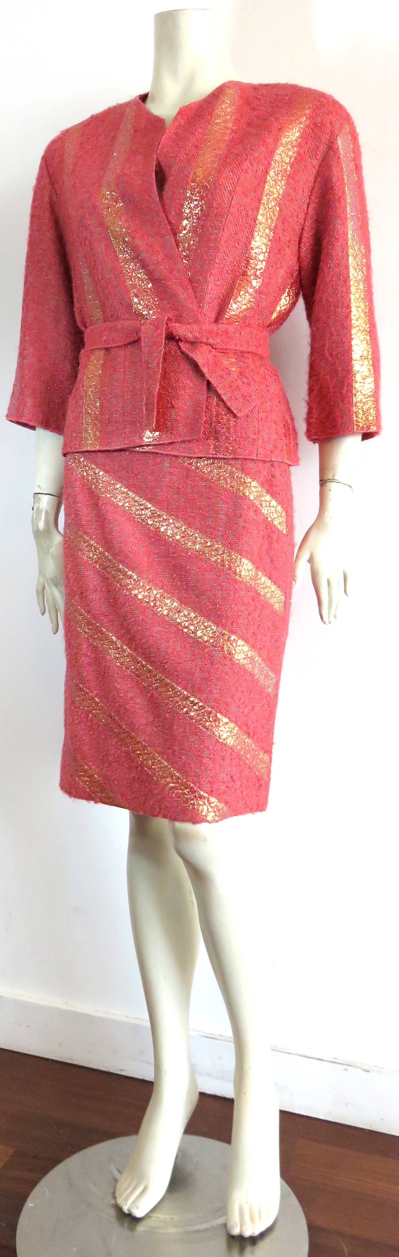 Pink CHANEL PARIS Shine stripe bouclé 2pc. skirt suit For Sale