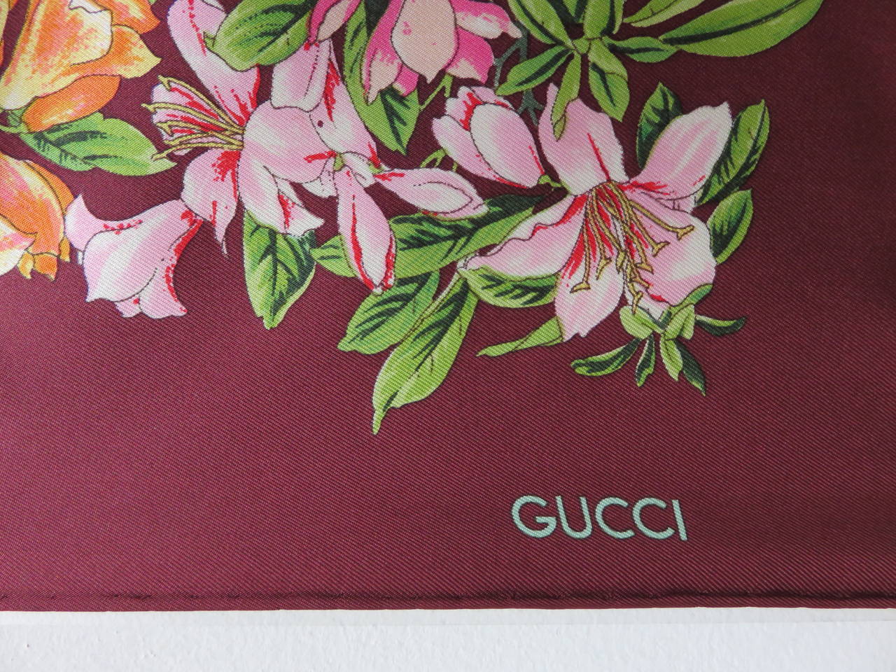 GUCCI ITALY Fawn Flora printed silk scarf never used at 1stDibs