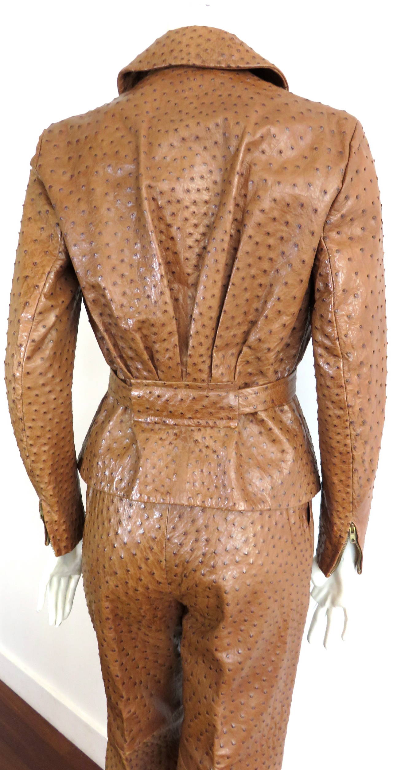 Brown 1980's HERMES PARIS Cognac ostrich 'full-quill' leather jacket & pant set For Sale