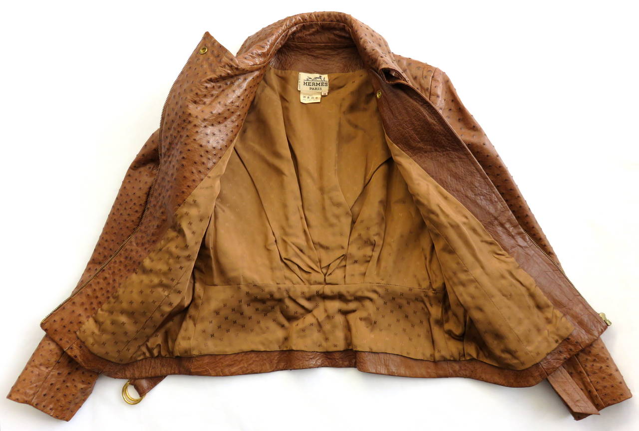 1980's HERMES PARIS Cognac ostrich 'full-quill' leather jacket & pant set In Excellent Condition For Sale In Newport Beach, CA