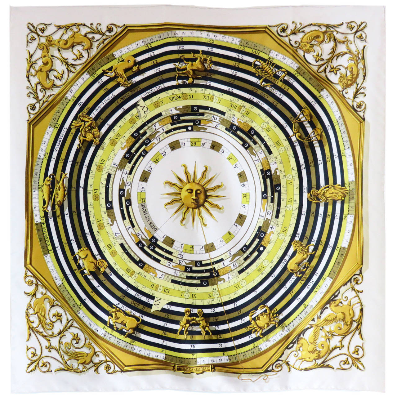 HERMES PARIS "Dies et Hore" Astrology/Zodiac silk scarf Jackie O