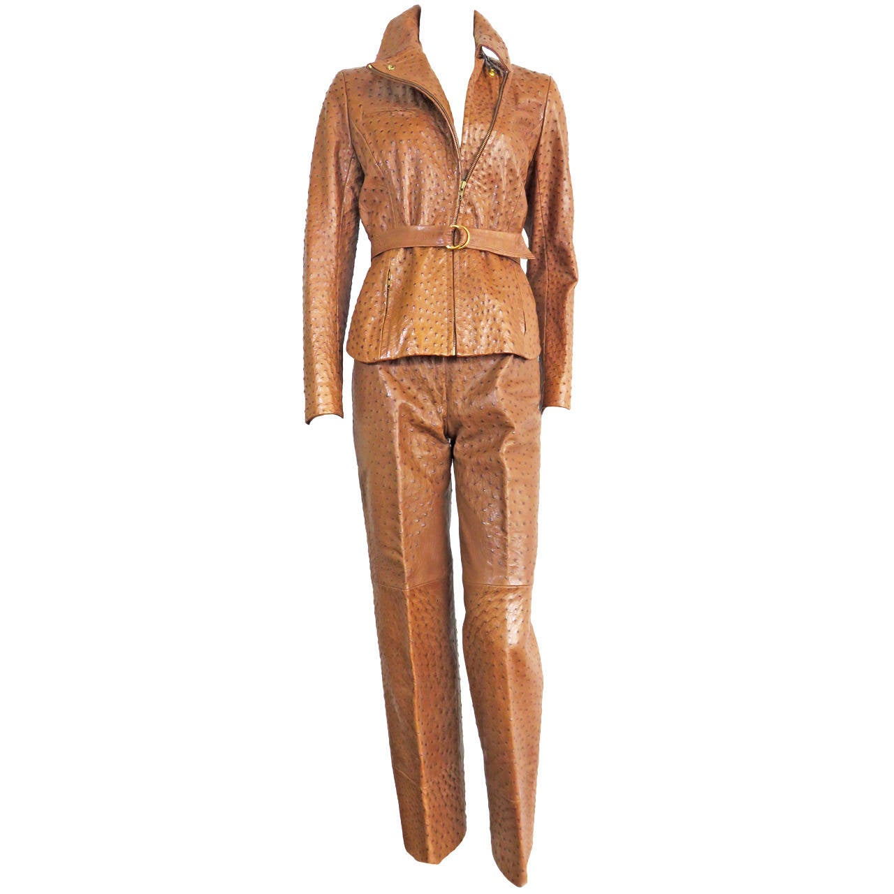 1980's HERMES PARIS Cognac ostrich 'full-quill' leather jacket & pant set For Sale