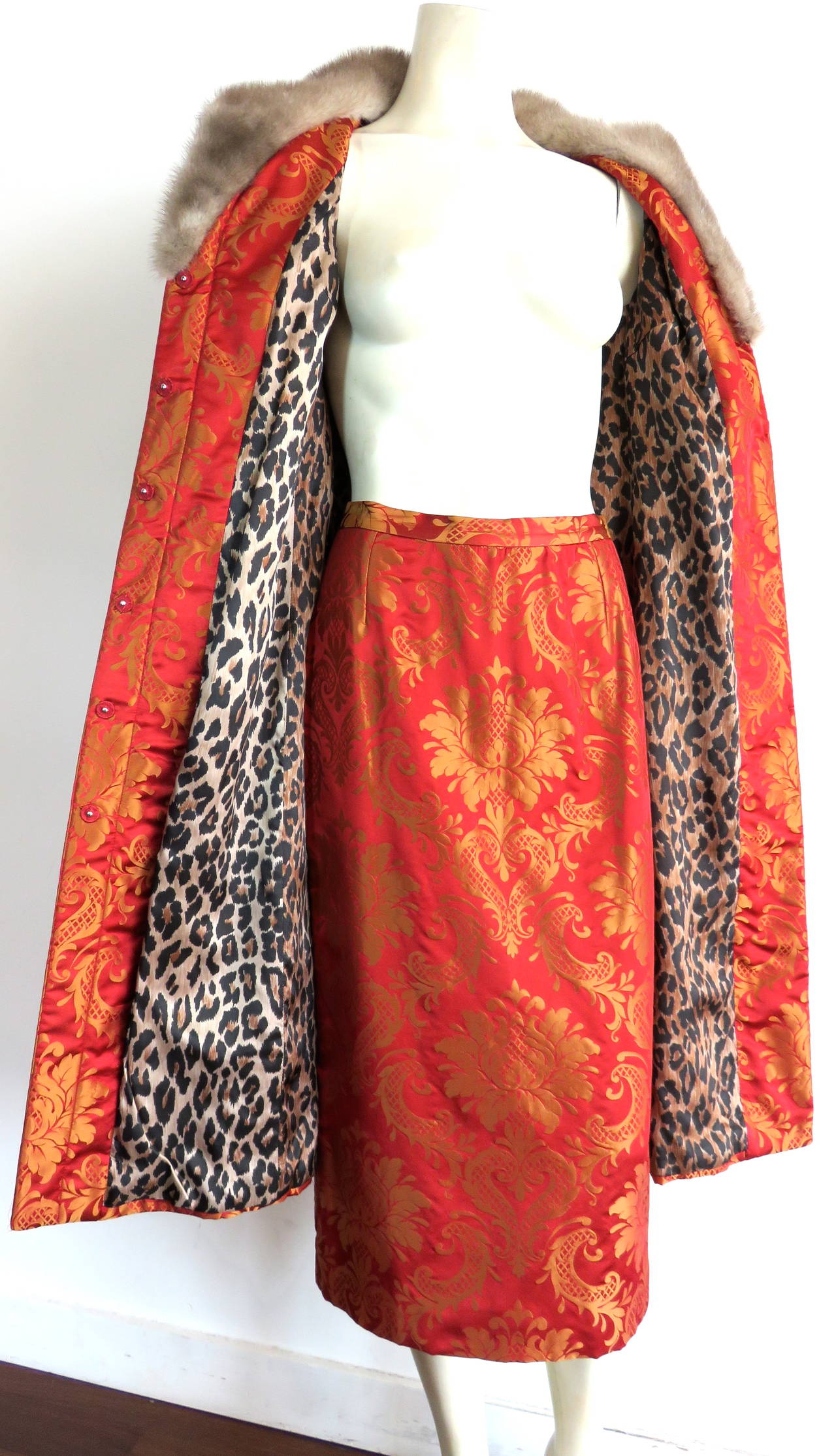DOLCE & GABBANA Silk damask & mink 2pc. coat & skirt set In Excellent Condition In Newport Beach, CA
